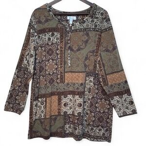 Denim&Co Women 1X Henley Tunic Top Brown Patchwork Mandala Cotton Blend A297776